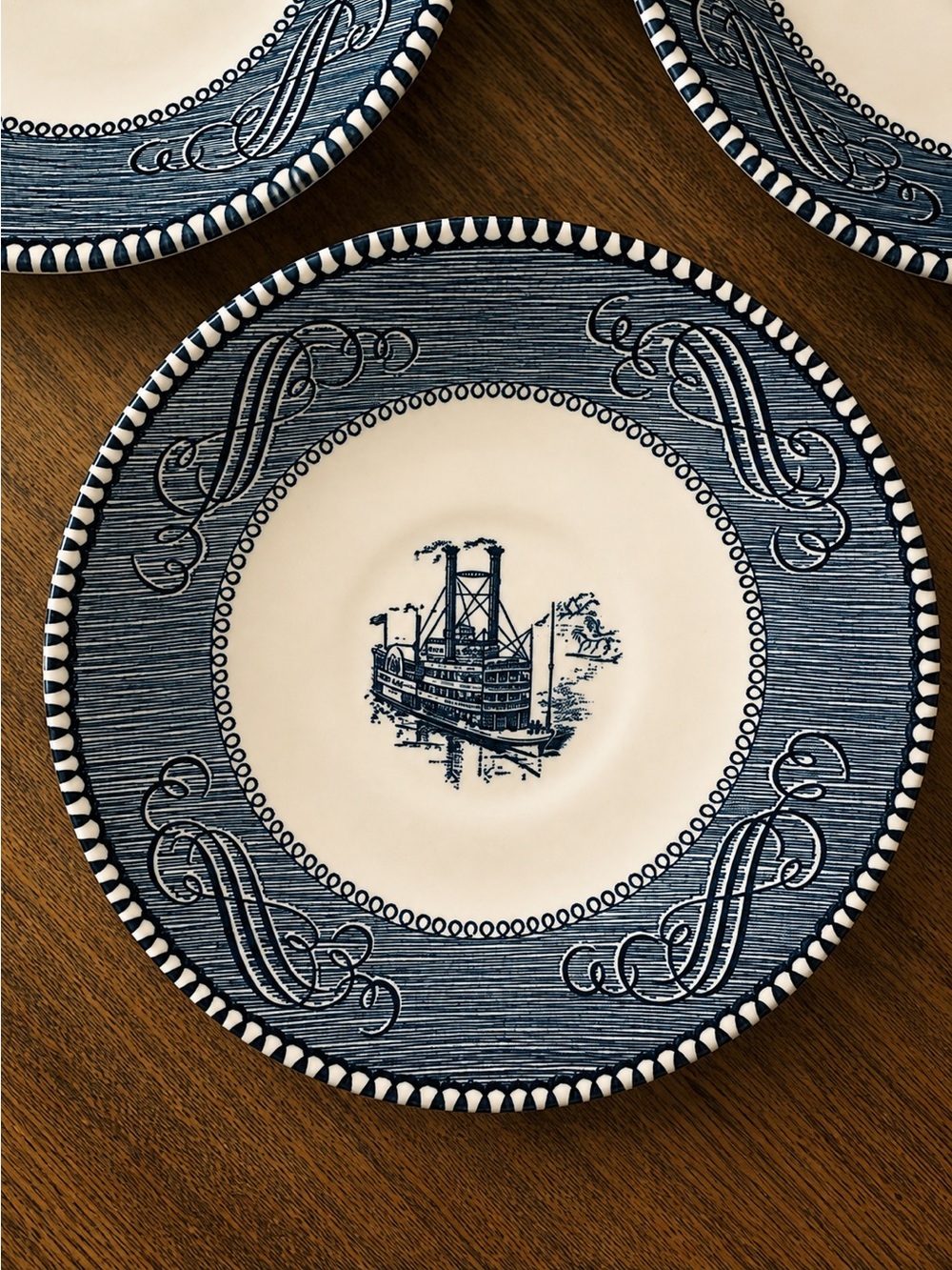 Vintage Currier & Ives Steamboat Saucers Set of 5 Blue White Royal China